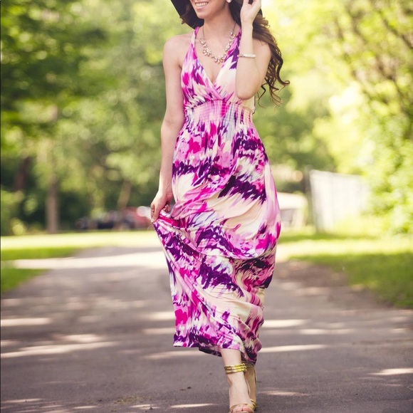 Pink purple patterned flowy maxi dress - Picture 1 of 5